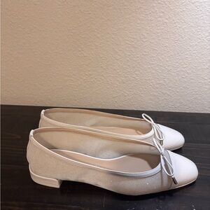 Stuart Weitzman Sleek Bow Leather-Trimmed Sparkle Mesh Flats